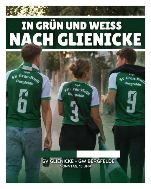 𝗞𝗼𝗺𝗺𝘁 𝗿𝘂𝗺 𝘇𝘂𝗺 𝗡𝗮𝗰𝗵𝗯𝗮𝗿𝘀𝗰𝗵𝗮𝗳𝘁𝘀𝗱𝘂𝗲𝗹𝗹! 💚🤍

Viel cooler könnte ein Saisonauftakt wohl kaum sein: Zum ersten Kreisoberliga-Spiel der neuen Saison geht’s direkt zum Ortsnachbarn nach Glienicke.

Also: Grün-Weiße Klamotten raus, Freunde und Familie einpacken und ab in die Bieselheide! Unterstützt unsere Jungs und zeigt Farbe. 💚🤍

📅 Sonntag | 15:00 Uhr
📍 Stadion Bieselheide

#bergfelderfamilie