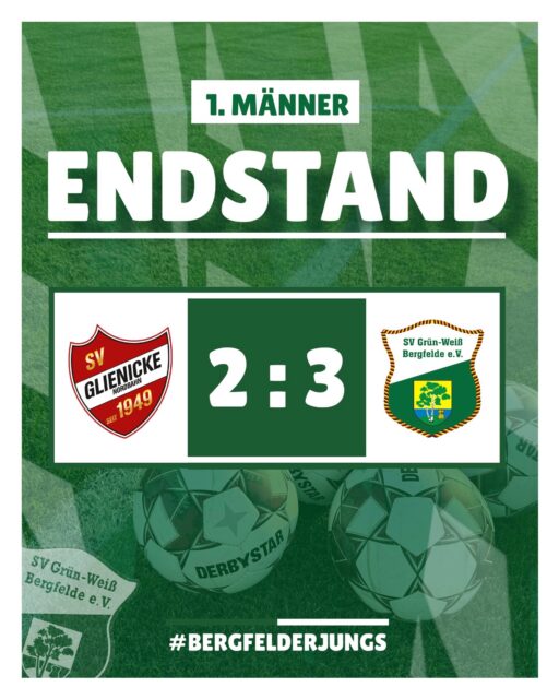 Ligabetrieb gestartet! ✅⚽️
Der erste Spieltag ist Geschichte und unsere 1. Männermannschaft legt direkt vor. Mit einem verdienten Sieg im Auftaktspiel gelingt unseren Jungs der perfekte Start in die neue Spielzeit.
Bei unserer Zweiten läuft der Saisonauftakt dagegen nicht ganz nach Plan: Bei der Saisoneröffnung in Leegebruch mussten sich unsere Jungs geschlagen geben und so starten sie mit einer Niederlage in die neue Spielzeit.
#bergfelderjungs